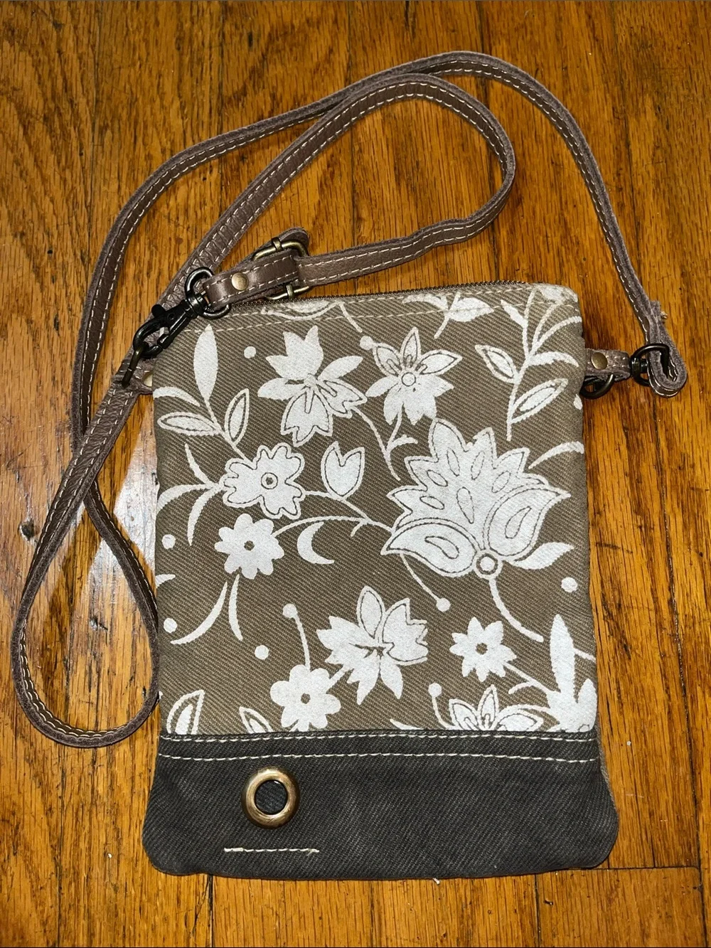 Myra Bag Brown Floral Leather and Canvas Crossbody Bag